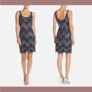 NEW $238 Adrianna Papell Chevron Beaded Mesh Tank Dress in Navy‎ [SZ 2 ] #Q429